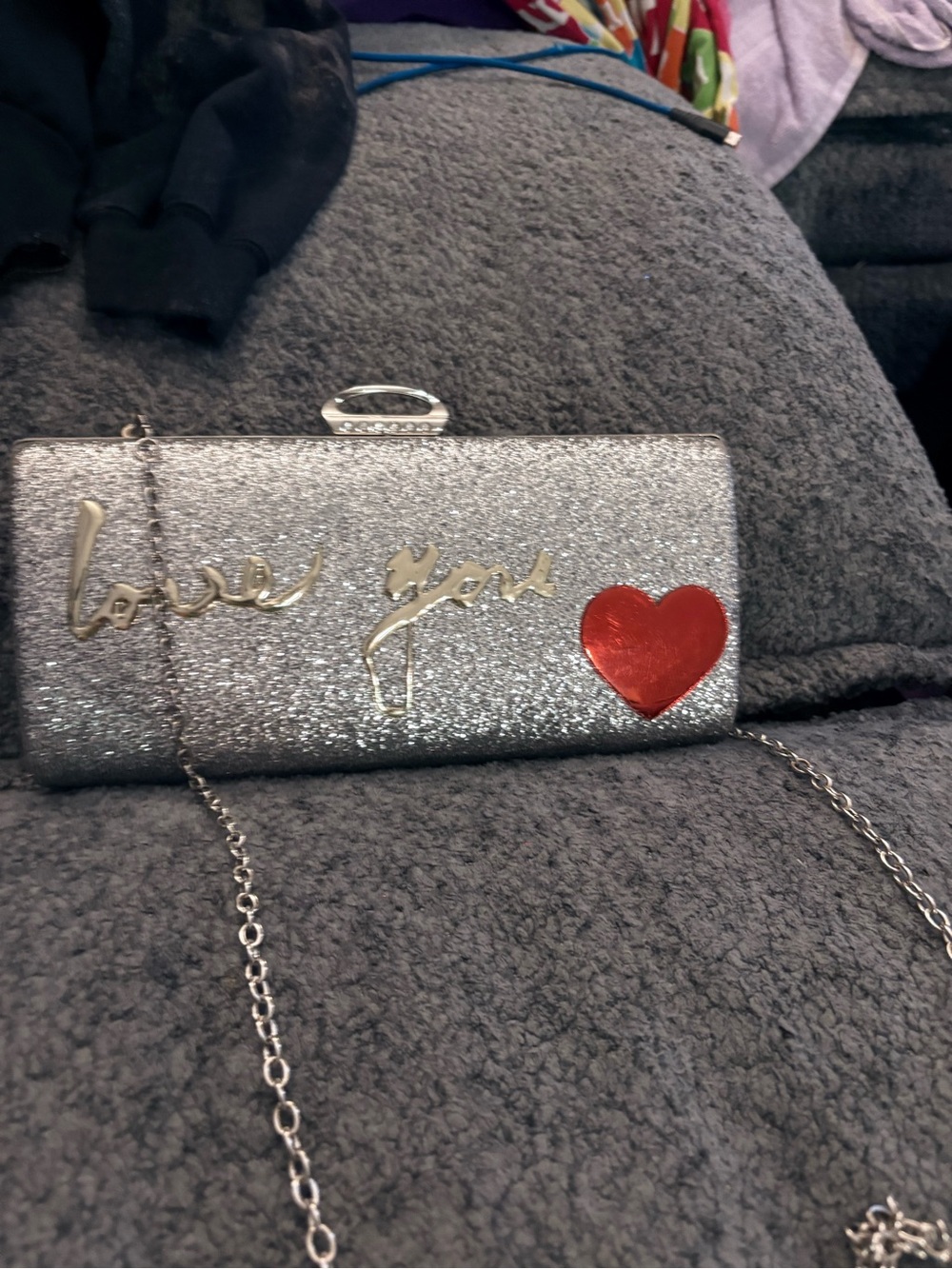 Glitter 'Love You' Silver Clutch with Red Heart